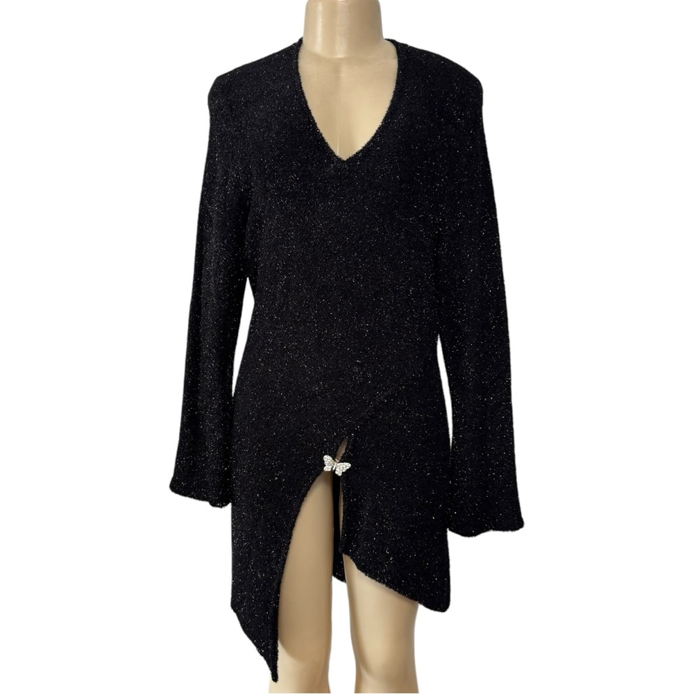 Vintage RSB Black Metallic Glitter Mini Party Dress V-Neck Butterfly Pendant M